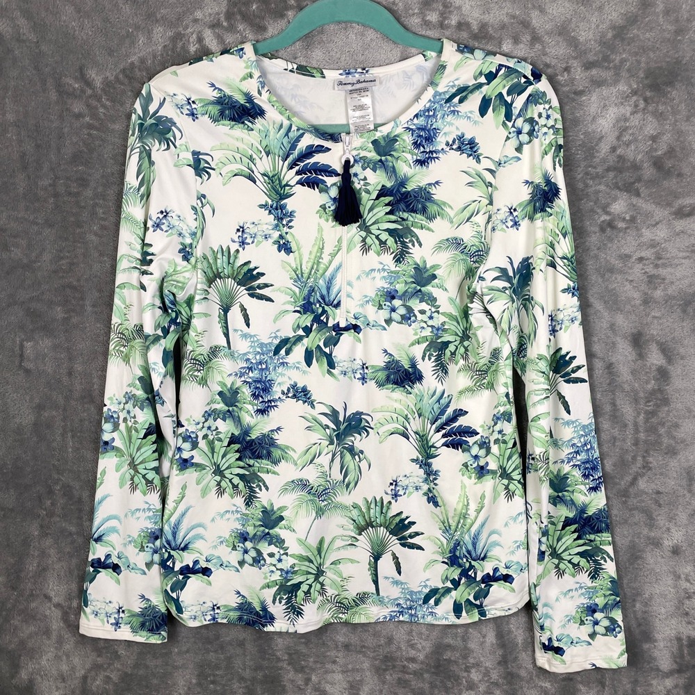 Tommy Bahama Rash Guard Women Large White Green Tropical Zip Tassel Very Good